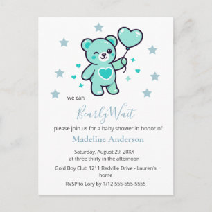 Cute Teddy Bear Heart Blue Baby Shower Invitation Postcard