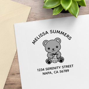 Cute Teddy Bear Holding a Berry Arch Address Rubber Stamp