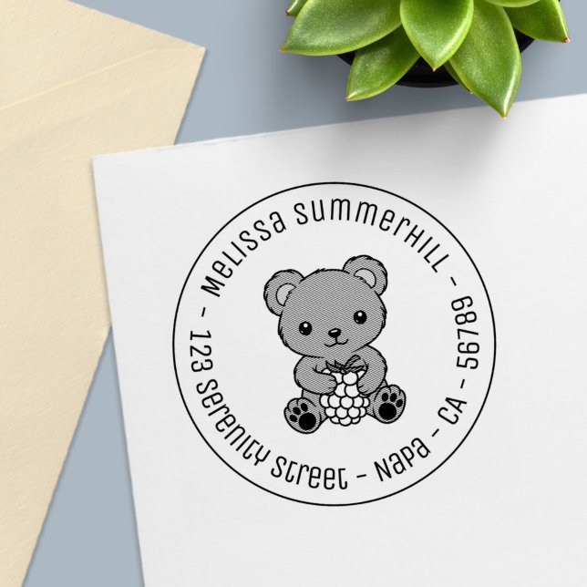 Cute Teddy Bear Holding a Berry Round Address Self-inking Stamp (Creator Uploaded)