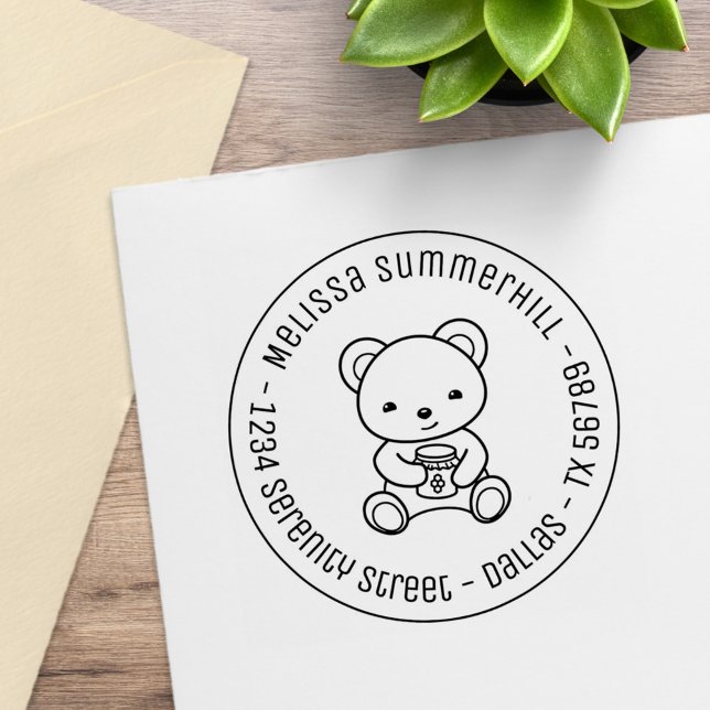 Cute Teddy Bear Holding a Honey Jar Round Address Rubber Stamp (Creator Uploaded)