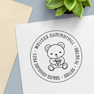 Cute Teddy Bear Holding a Honey Jar Round Address Self-inking Stamp