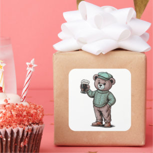 Cute Teddy Bear Holding Beer Square Sticker