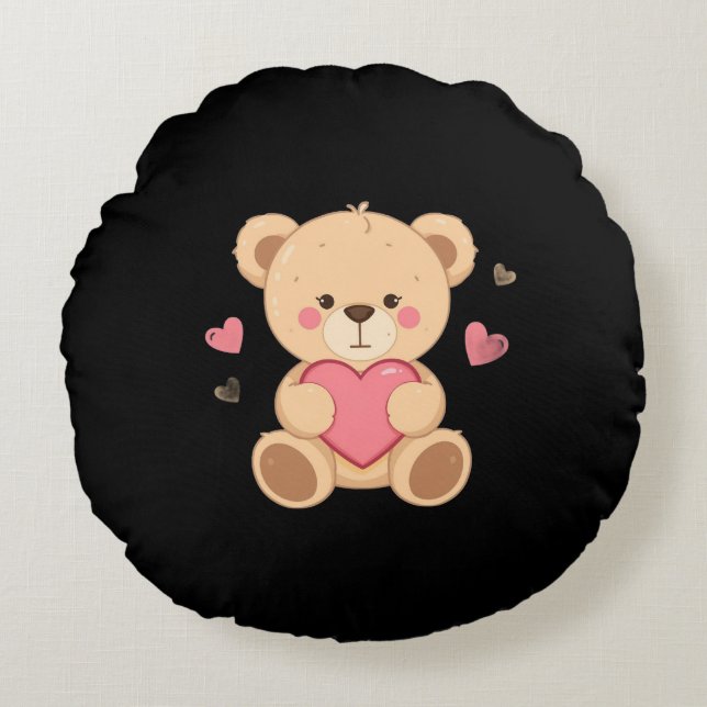 Cute Teddy Bear Holding Heart – love Round Pillow (Front)