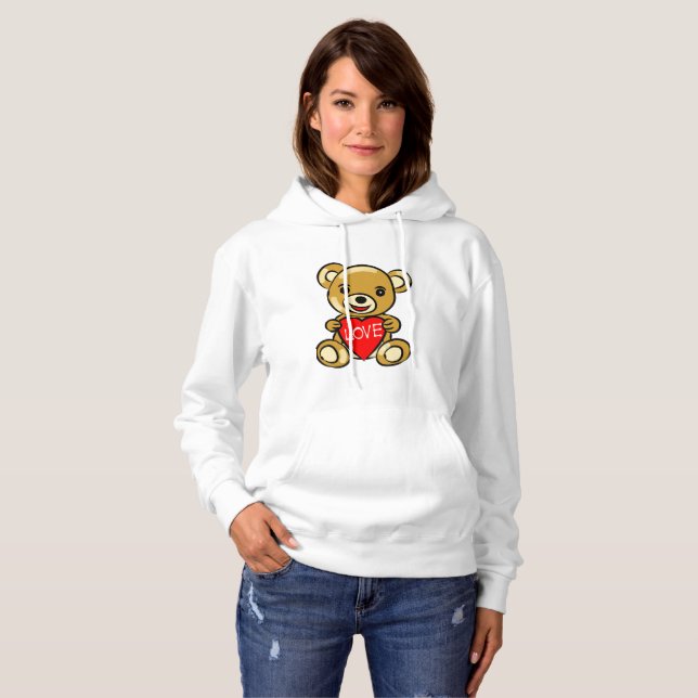 Cute Teddy Bear Holding Heart with Love – Adorable Hoodie (Front Full)