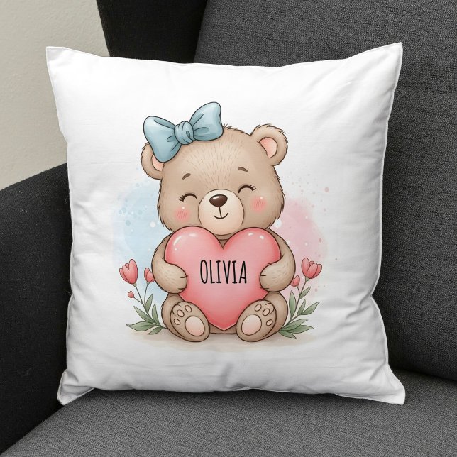 Cute Teddy Bear Holding Pink Heart Throw Pillow (Creator Uploaded)