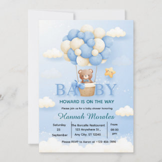Cute Teddy Bear Hot Air Balloon Baby Shower Invita Invitation