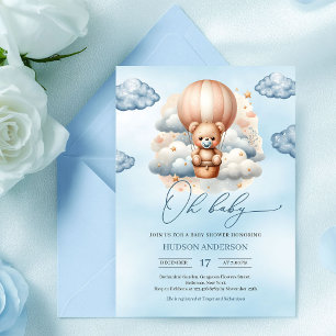 Cute teddy bear hot air balloon boy baby shower invitation