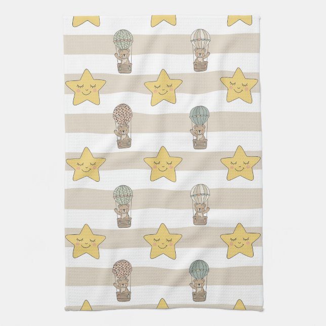 Cute Teddy Bear Hot Air Balloon Neutral Pattern 1 Kitchen Towel (Vertical)