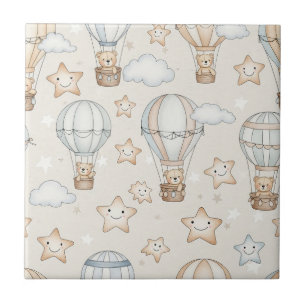 Cute Teddy Bear Hot Air Balloon Neutral Pattern 1 Tile