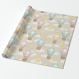 Cute Teddy Bear Hot Air Balloon Neutral Pattern 1 Wrapping Paper