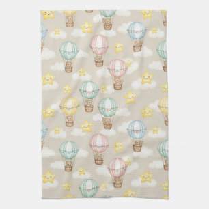 Cute Teddy Bear Hot Air Balloon Neutral Pattern 2 Kitchen Towel