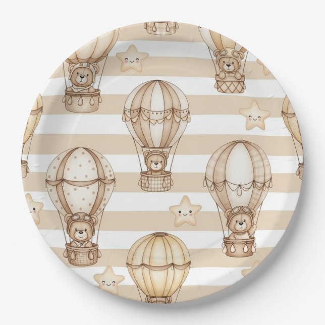 Cute Teddy Bear Hot Air Balloon Neutral Pattern 2 Paper Plate (Front)