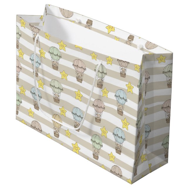 Cute Teddy Bear Hot Air Balloon Neutral Pattern 3 Large Gift Bag (Front Angled)
