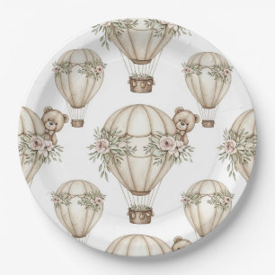 Cute Teddy Bear Hot Air Balloon Neutral Pattern 4 Paper Plate