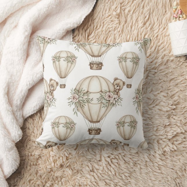 Cute Teddy Bear Hot Air Balloon Neutral Pattern 4 Throw Pillow (Blanket)