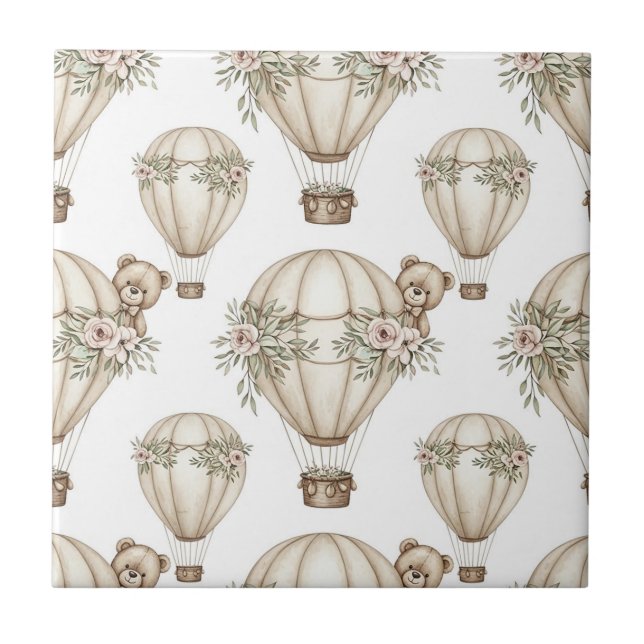 Cute Teddy Bear Hot Air Balloon Neutral Pattern 4 Tile (Front)