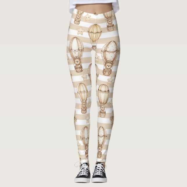 Cute Teddy Bear Hot Air Balloon Neutral Pattern 5 Leggings (Front)