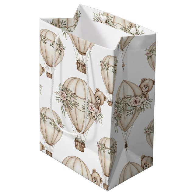 Cute Teddy Bear Hot Air Balloon Neutral Pattern 6 Medium Gift Bag (Front Angled)