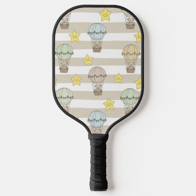 Cute Teddy Bear Hot Air Balloon Neutral Pattern 6 Pickleball Paddle (Front)