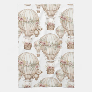 Cute Teddy Bear Hot Air Balloon Neutral Pattern 8 Kitchen Towel