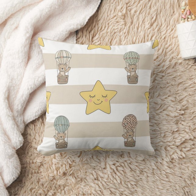 Cute Teddy Bear Hot Air Balloon Neutral Pattern 8 Throw Pillow (Blanket)