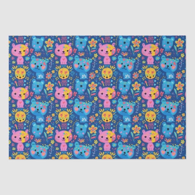 Cute Teddy Bear Illustration Blue Kids  Tissue Paper (Front)