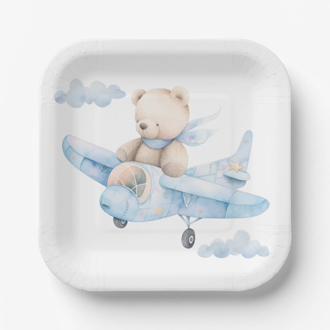 Cute Teddy Bear in blue plane Paper Plate (Front)