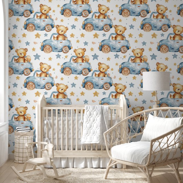 Cute Teddy Bear in Car Stars Blue Brown Nursery  Wallpaper (Kids)