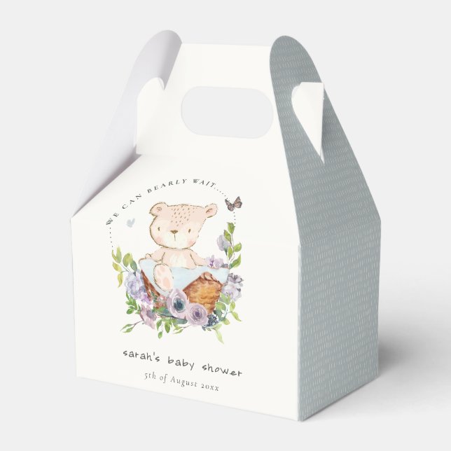Cute Teddy Bear In Flower Basket Blue Baby Shower Favor Box (Front Side)