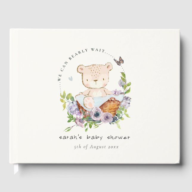 Cute Teddy Bear In Flower Basket Blue Baby Shower Guest Book (Front)