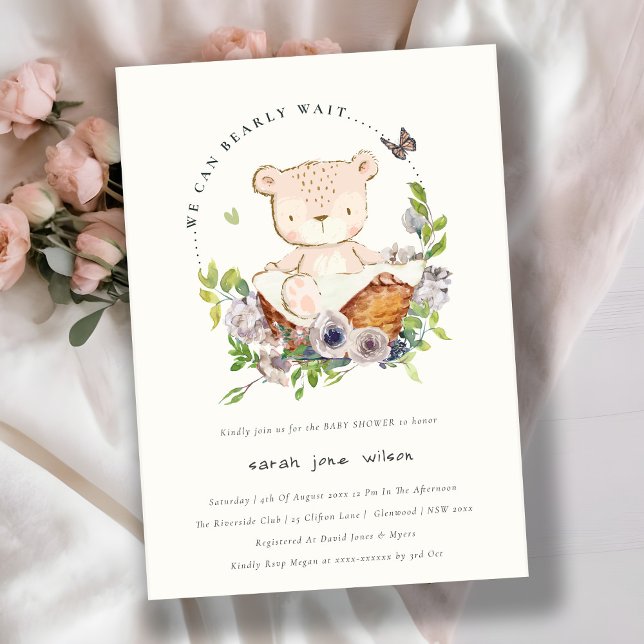 Cute Teddy Bear In Flower Basket Green Baby Shower Invitation (Creator Uploaded)