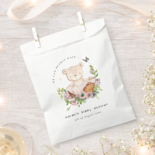 Cute Teddy Bear In Flower Basket Pink Baby Shower Favour Bag
