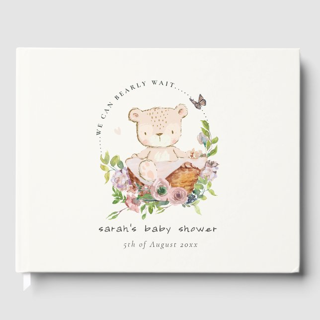 Cute Teddy Bear In Flower Basket Pink Baby Shower Guest Book (Front)