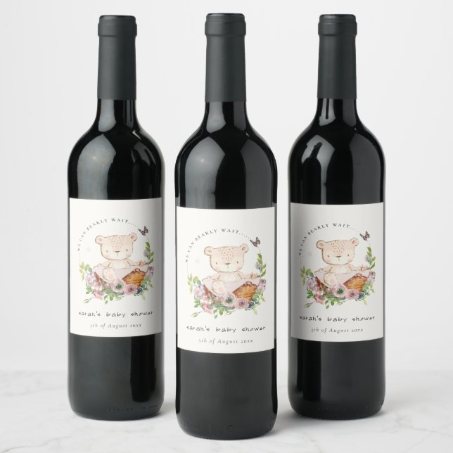 Cute Teddy Bear In Flower Basket Pink Baby Shower Wine Label (Bottles)
