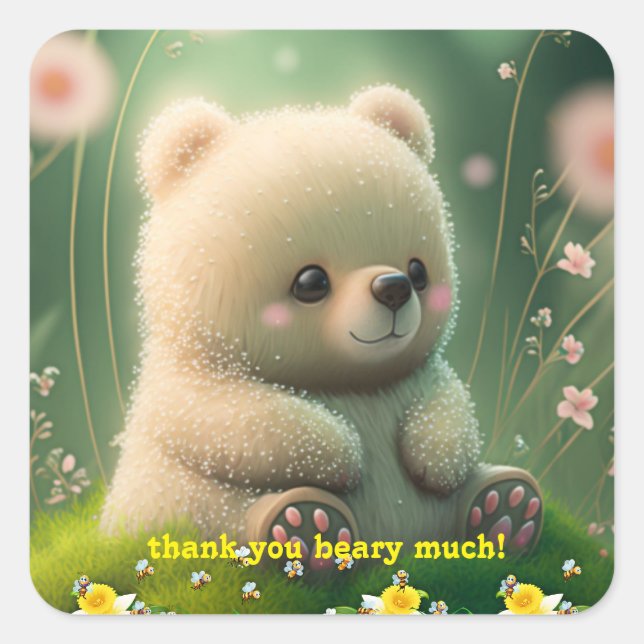 Cute Teddy Bear in Garden Personalized Thank you Square Sticker (Front)