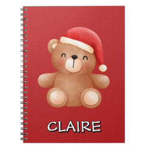 Cute Teddy Bear in Santa Hat Custom Name Notebook