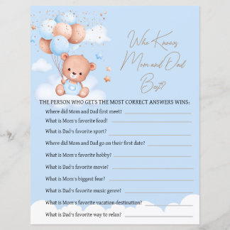 Cute teddy bear light blue baby shower game