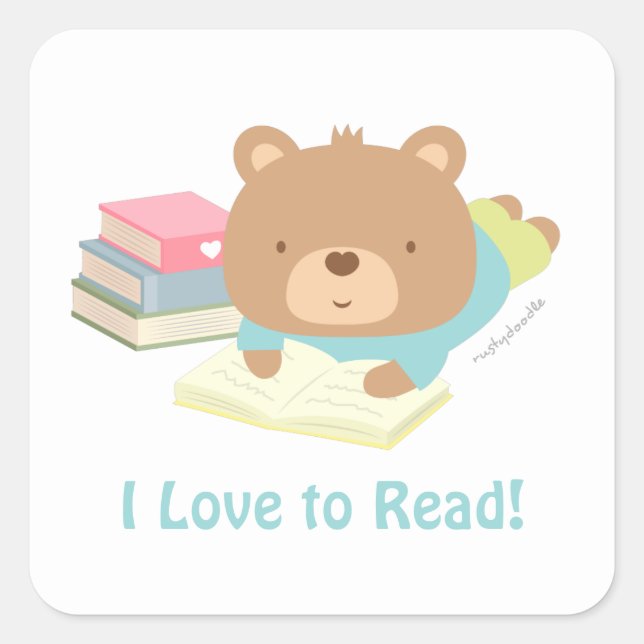 Cute Teddy Bear Loves To Read Kids Stickers (Front)