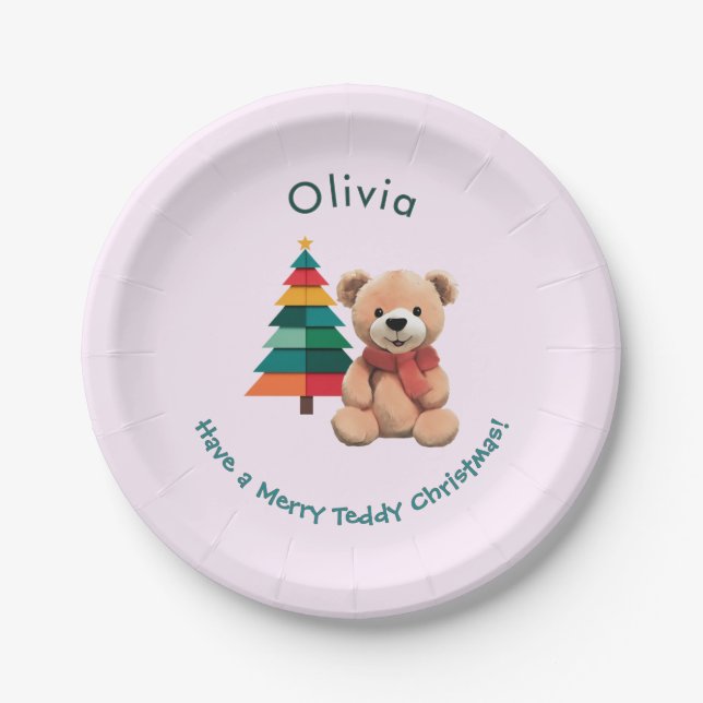 Cute Teddy Bear Merry Christmas Pink Holiday Paper Plate (Front)