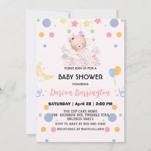 Cute teddy bear moon balloon baby shower party  invitation