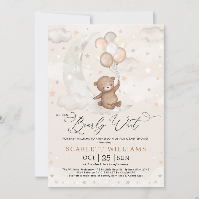 Cute Teddy Bear Moon Balloons Neutral Baby Shower Invitation (Front)