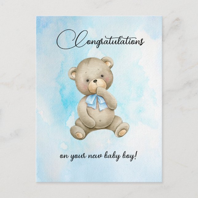 Cute Teddy bear new baby boy congratulations cards (Front)