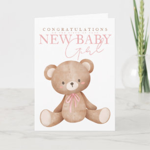 Cute Teddy Bear New Baby Girl Congratulations Holiday Card