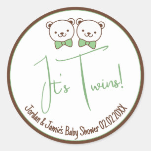 Cute Teddy Bear Nostalgic It's Twins Baby Shower  Classic Round Sticker