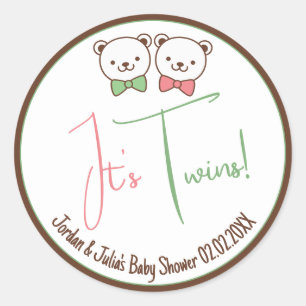 Cute Teddy Bear Nostalgic It's Twins Baby Shower Classic Round Sticker