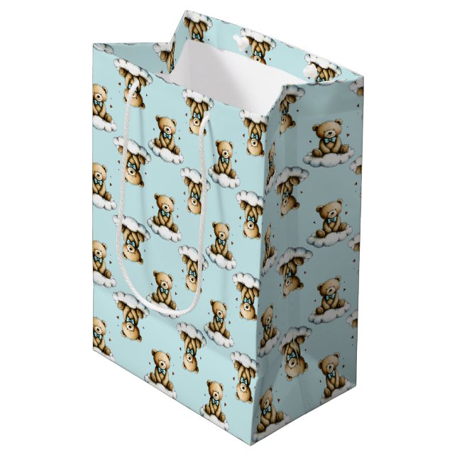 Cute Teddy Bear on a Cloud Blue Bow Tie Medium Gift Bag (Front Angled)
