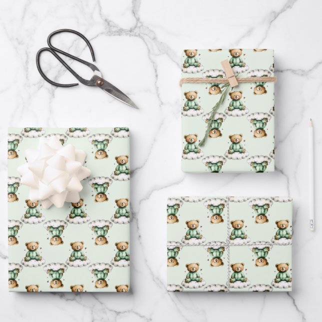 Cute Teddy Bear on a Cloud Green PJs Wrapping Paper Sheet (Front)