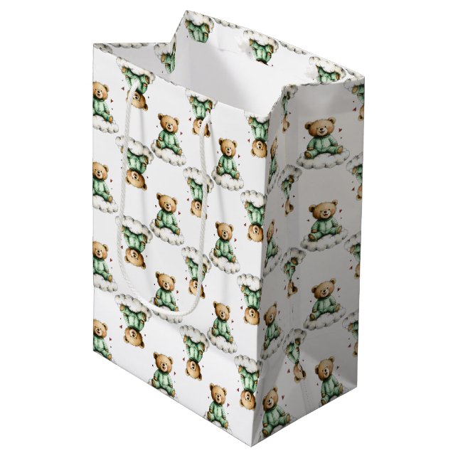 Cute Teddy Bear on a Fluffy Cloud Green PJs Medium Gift Bag (Front Angled)