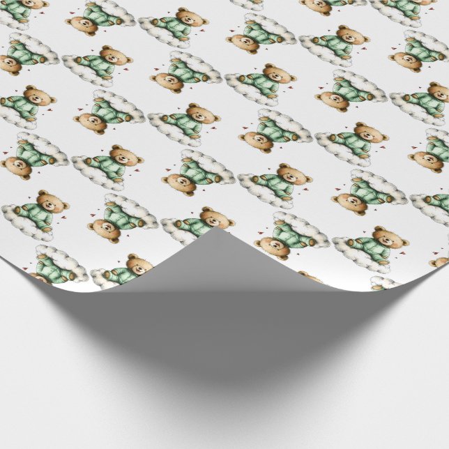 Cute Teddy Bear on a Fluffy Cloud Green PJs Wrapping Paper (Corner)