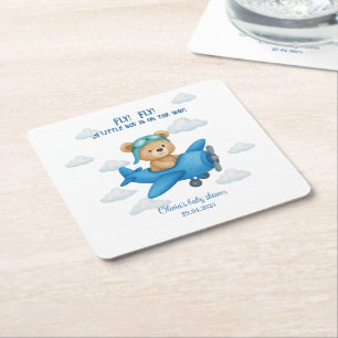 Cute Teddy Bear on a Plane Baby Shower Square Paper Coaster